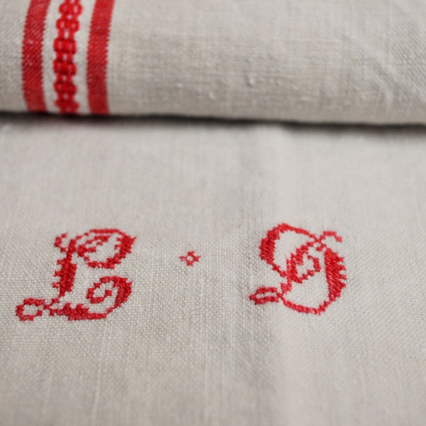 Red Striped Dish Towels / French Vintage Red and String color Tea Towels /Pure Linen with a Red cross stitched LD monogram / Set of 2