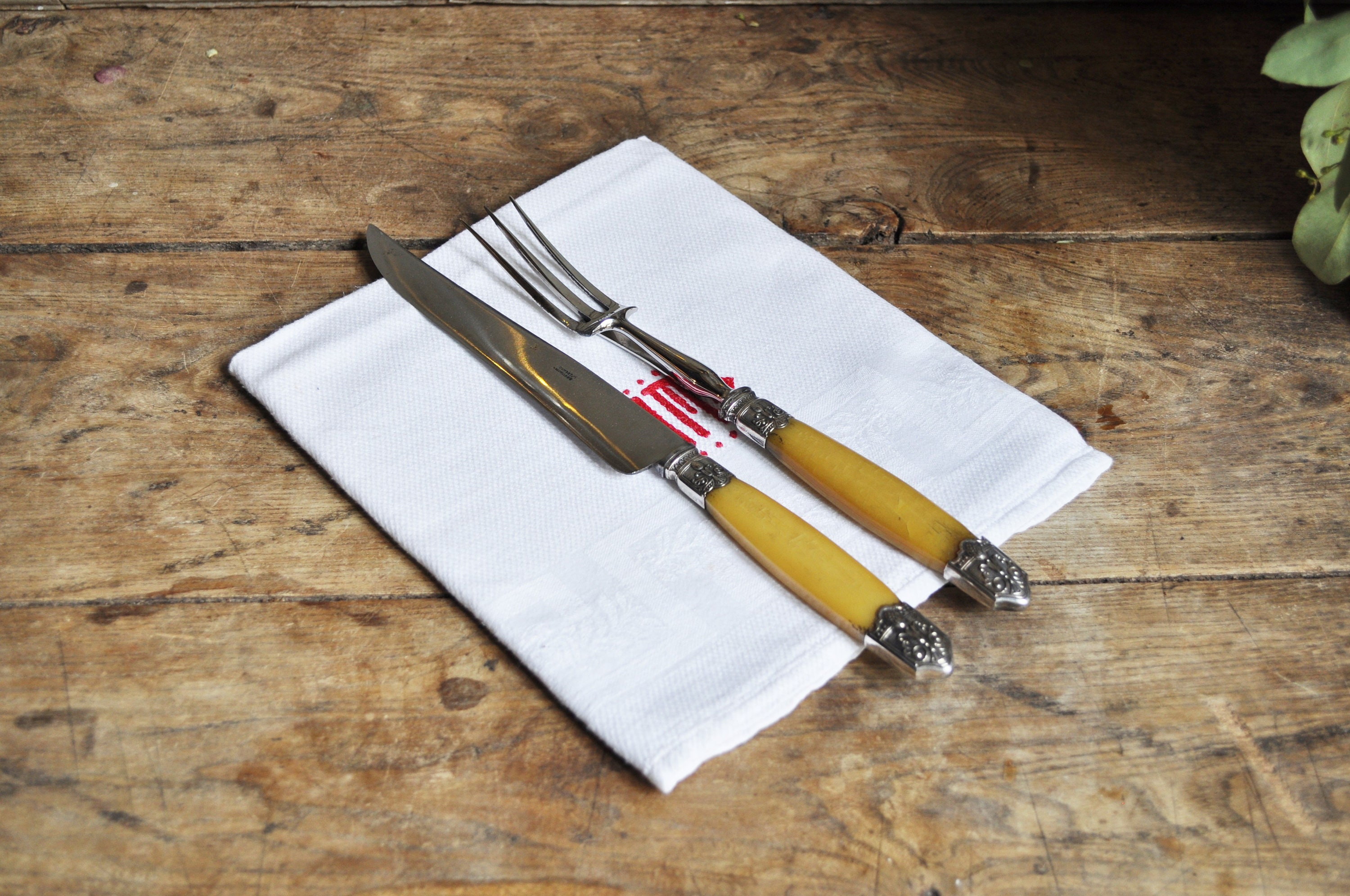 Ensemble de Français Antique /Service Coupe avec Grand Couteau et Fourchette, Poignées Corne