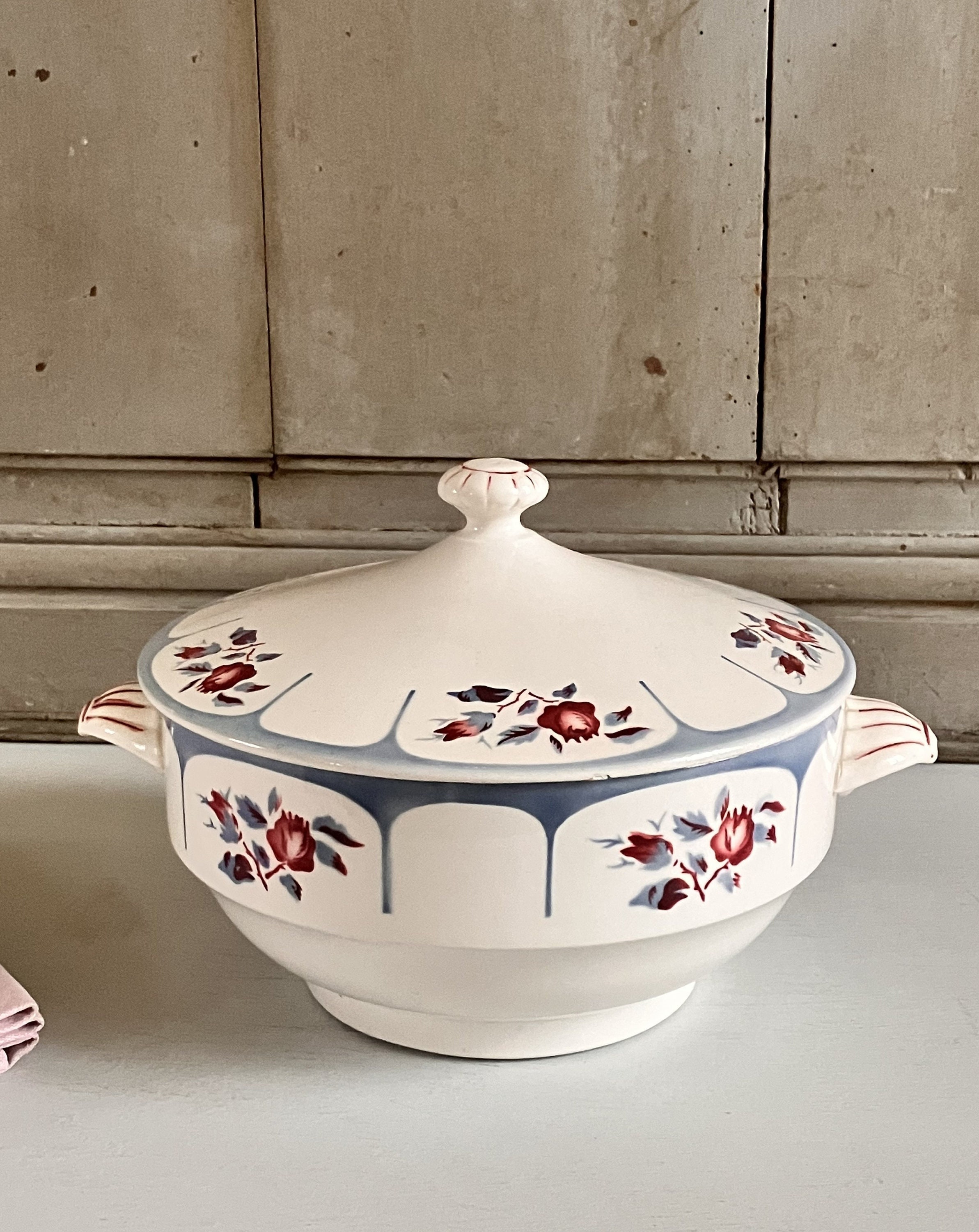 soupière française avec couvercle digoin sarreguemines motif ninette/blanc bleu gris rose vintage des années 1940 1950