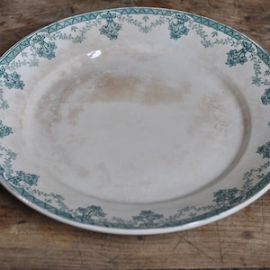 Round Flat Serving Dish / Antique French Ironstone from ST AMAND pattern CAHORS, white and green