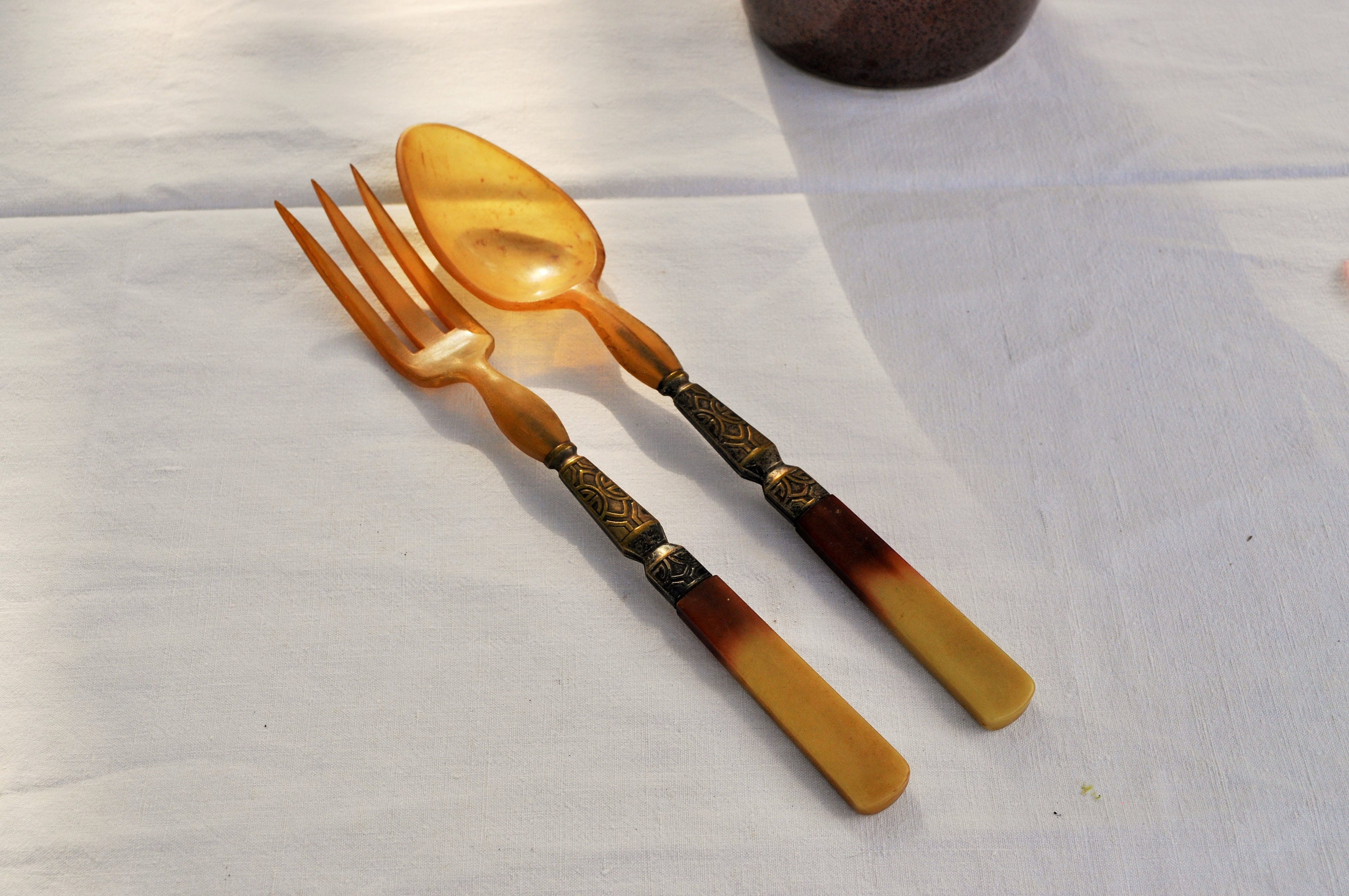 Salad Servers Bicolore Horn et Métal/Vintage Français Salade Fourche Cuillère