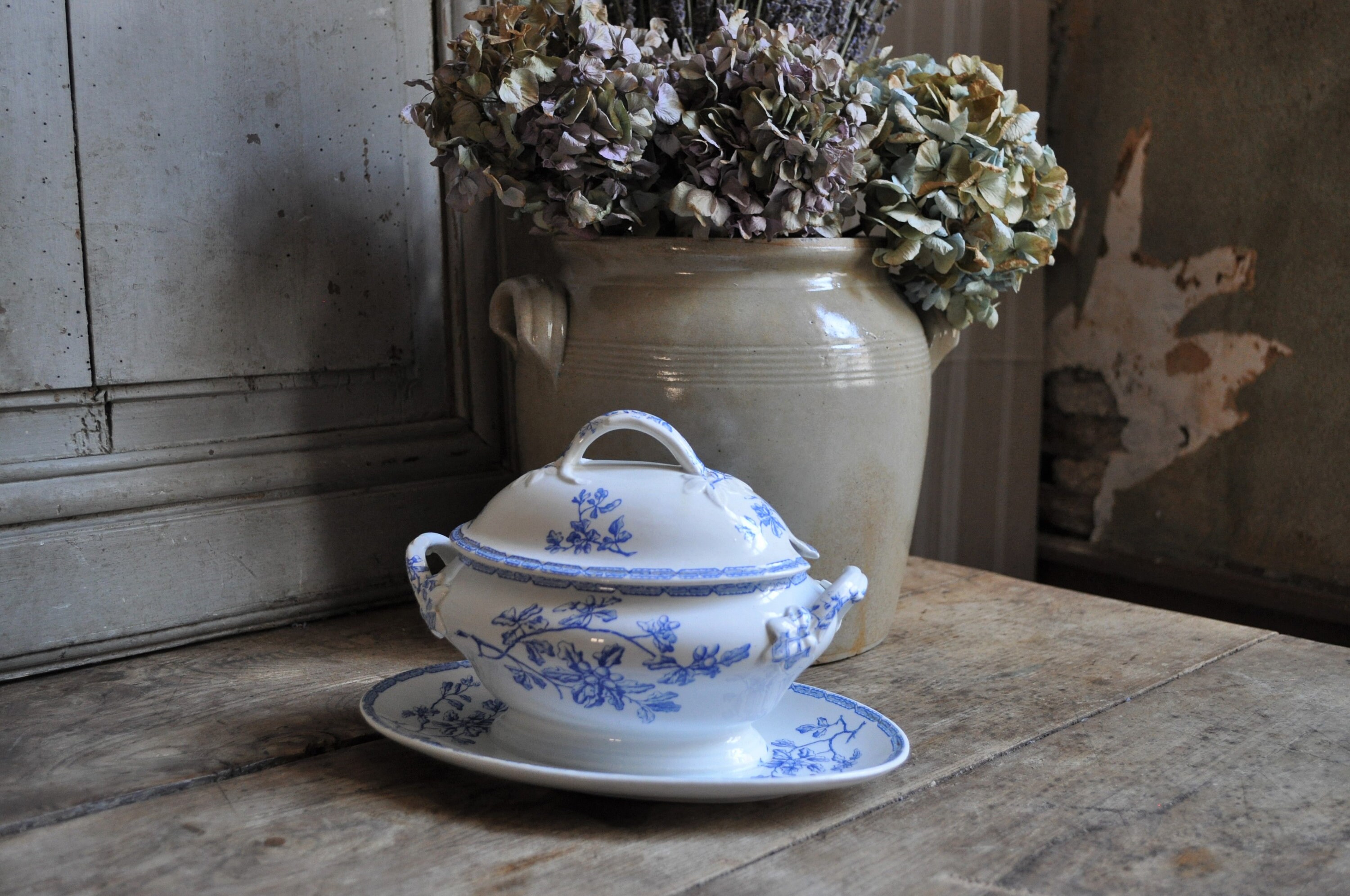 Bateau Antique Français White Blue Ironstone Sauce avec Couvercle et Soucoupe/K&g Luneville