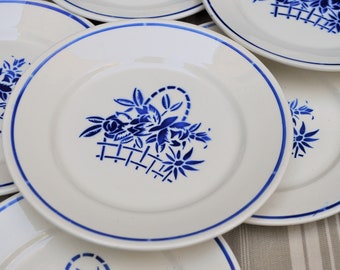 Set of 9 Vintage French Cheese plates BADONVILLER model THABOR  white and blue