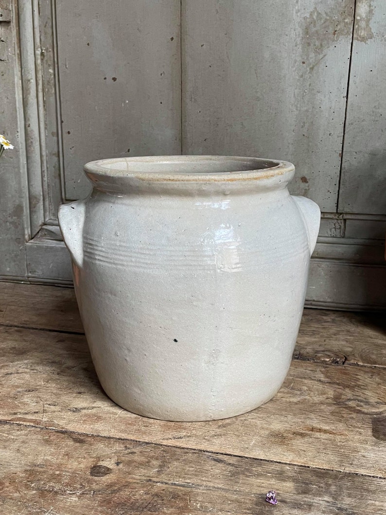 Antique French Confit Pot Beige Gray Stoneware / Vintage