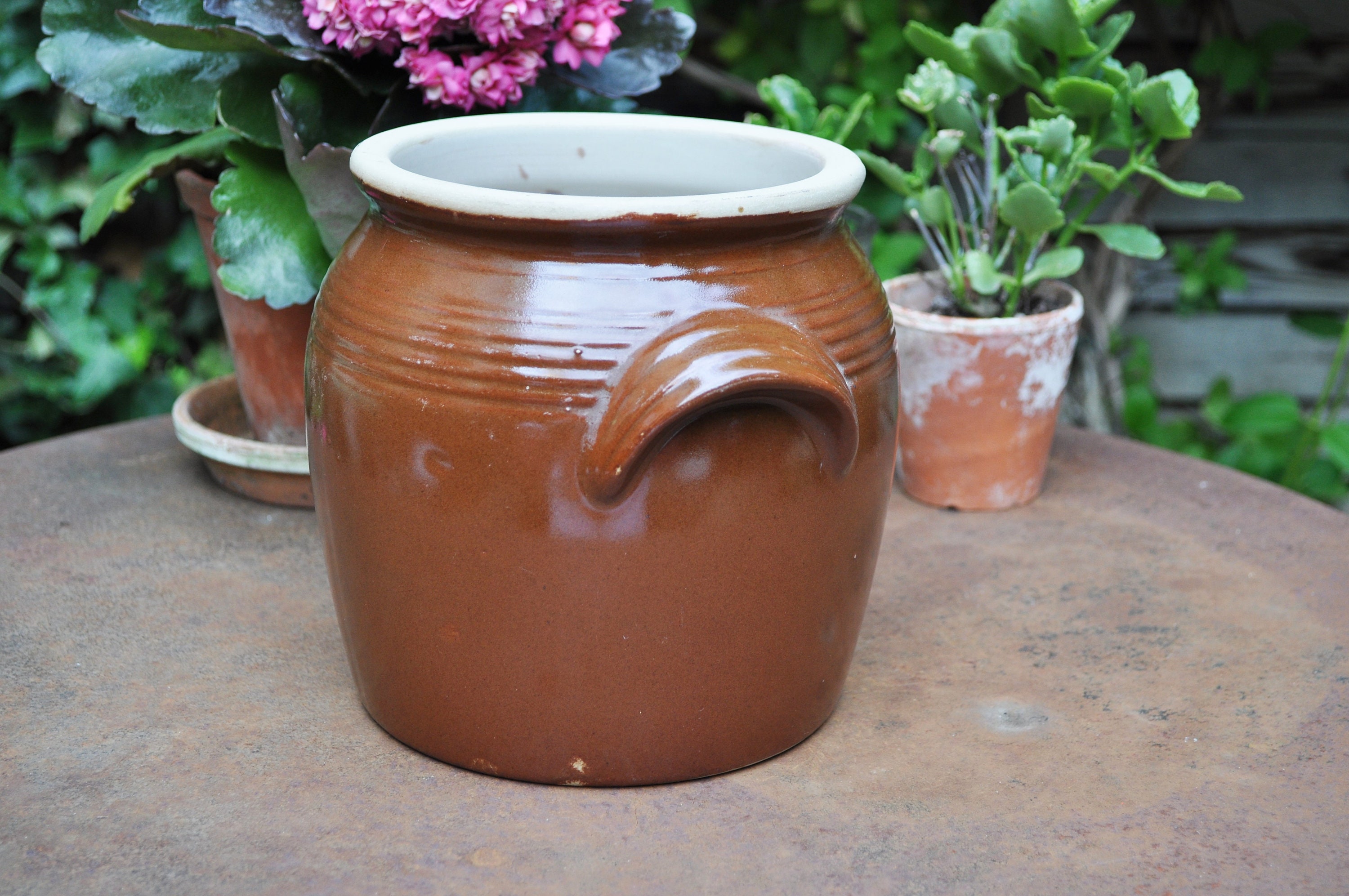 Vintage Confit Pot Brown et Beige Sandstone/Français Stoneware Jar Terracotta Pottery