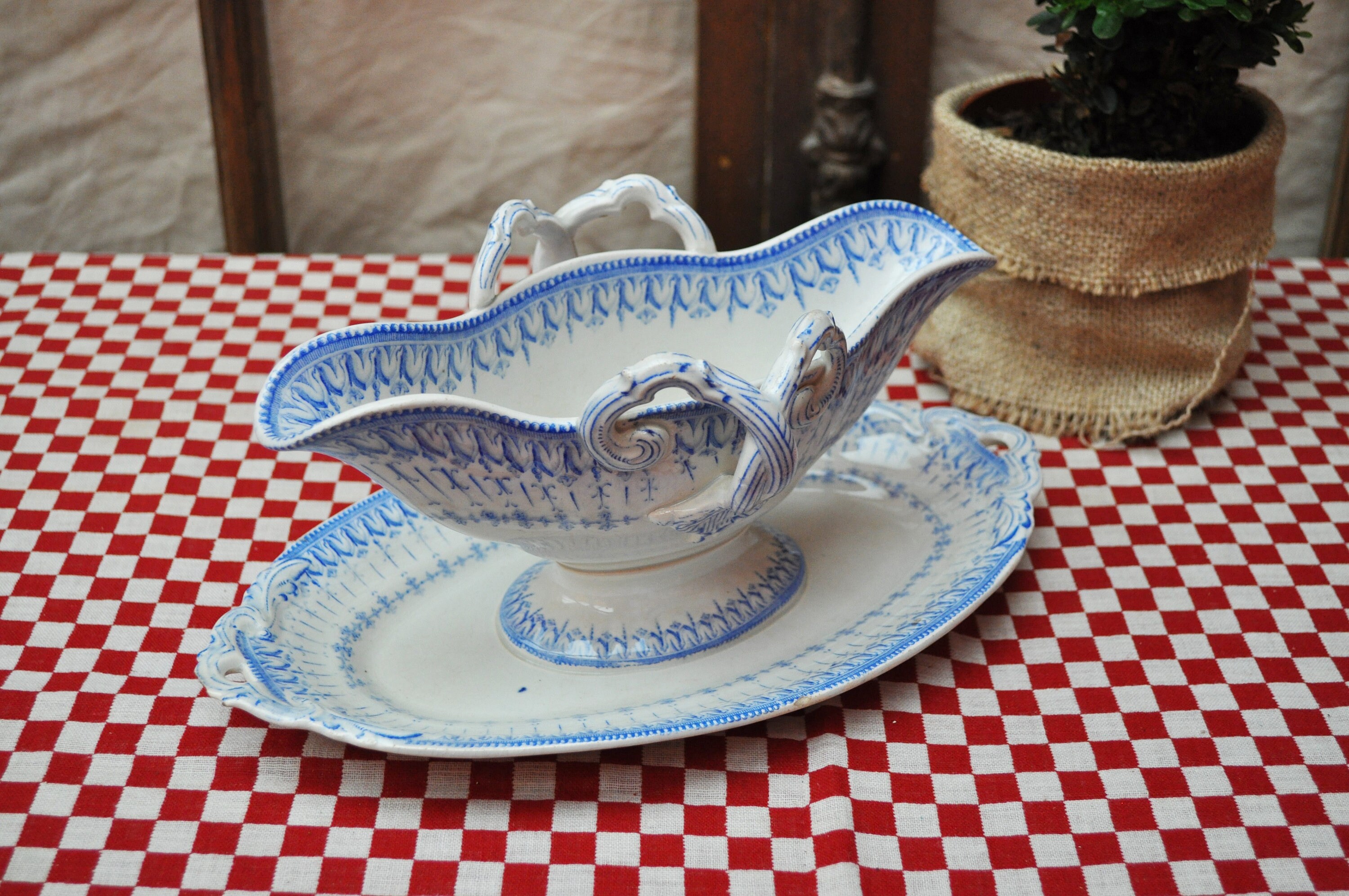 Antique French gravy boat white and blue transferware friezes Etsy
