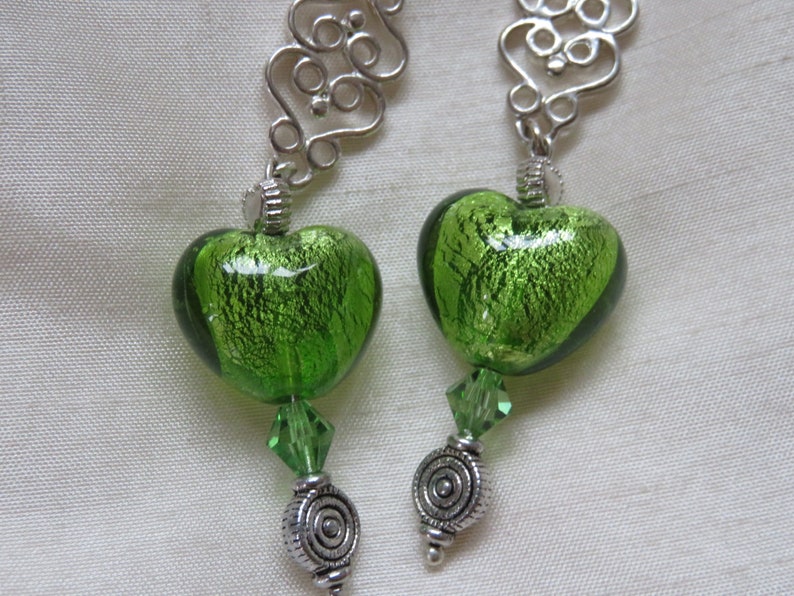 Handmade long vintage green foil heart glass bead earrings