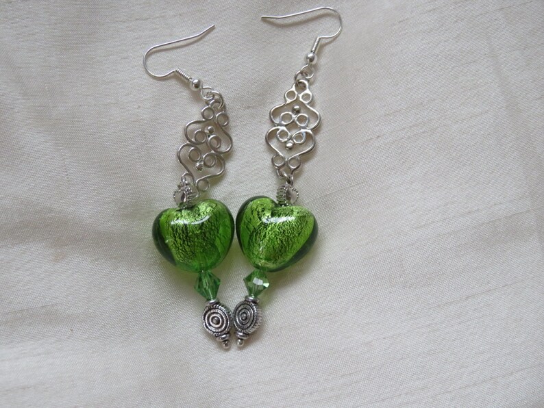 Handmade long vintage green foil heart glass bead earrings