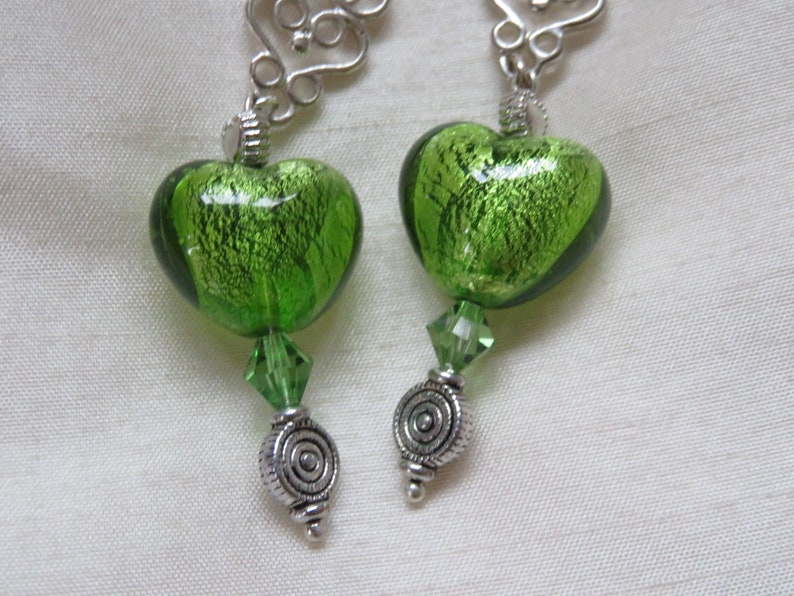 Handmade long vintage green foil heart glass bead earrings