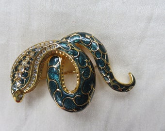 Vintage Joan Rivers green enamel snake with rhinestones brooch