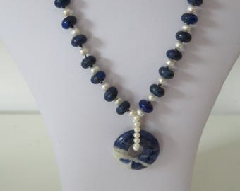 Handmade,hand knotted ,Lapis and fresh water pendant necklace