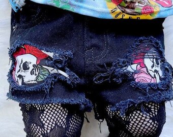 Lucy black denim shorts for baby / toddler / girls. Sizes 6/9m - 5t. Skull patch shorties