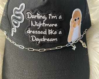 Taylor Swift Custom trucker hat with silver chain and patches - black - adult size