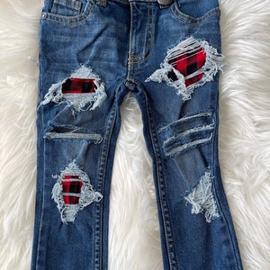 RTS size 2t Patched Skinny Jeans - red plaid  Patch Denim Skinnies - unisex style kids distressed jeans