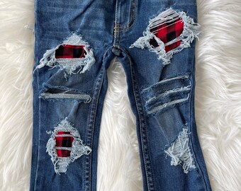 RTS size 2t Patched Skinny Jeans - red plaid  Patch Denim Skinnies - unisex style kids distressed jeans