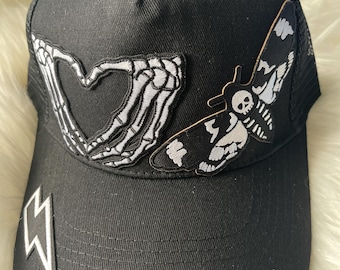 Punk skeleton moth Custom trucker hat with patches - black - adult size