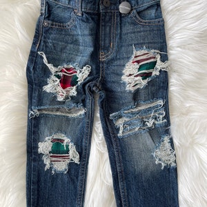 RTS size 18m Patched straight fit Jeans - red green plaid Patch Denim - unisex style kids distressed jeans
