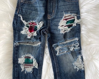 RTS size 18m Patched straight fit Jeans - red green plaid Patch Denim - unisex style kids distressed jeans
