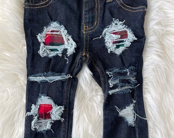 RTS size 6-9m Patched Skinny Jeans - red green plaid Patch Denim Skinnies - unisex style kids distressed jeans