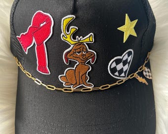 Max Custom trucker hat with gold chain and patches - black - adult size