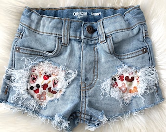 Alina Shorts - Themepark Snacks Patch Denim Shorts - size 6m-5t - baby/toddler girls distressed jean shorts with patches