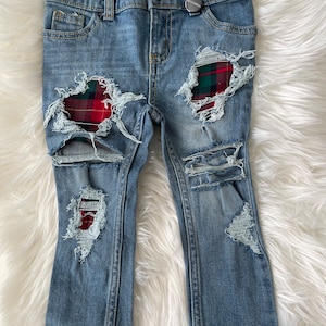 RTS size 24m Patched Skinny Jeans - red green plaid  Patch Denim Skinnies - unisex style kids distressed jeans