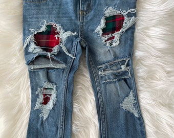 RTS size 24m Patched Skinny Jeans - red green plaid  Patch Denim Skinnies - unisex style kids distressed jeans
