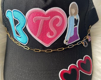Taylor Swift Custom trucker hat with gold chain and patches - black - adult size