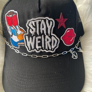 Belle stay weird Custom trucker hat with silver chain and patches - black - adult size