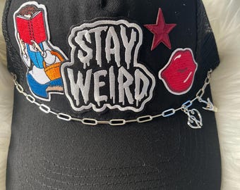 Belle stay weird Custom trucker hat with silver chain and patches - black - adult size