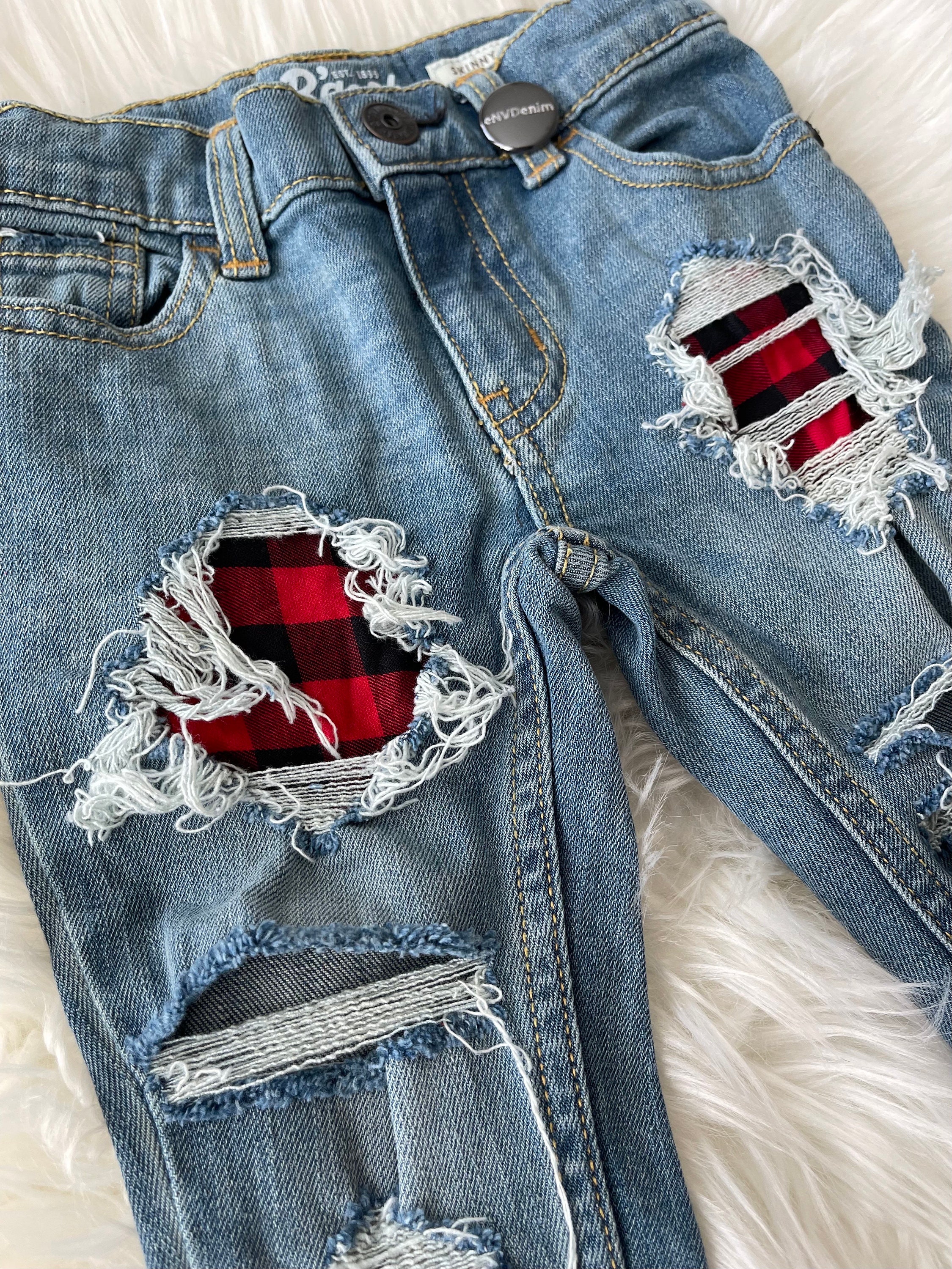 RTS Size 3t Patched Skinny Jeans - Red Plaid Patch Denim Skinnies  display picture 1