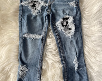 RTS size 4t Minnie Patched Skinny Jeans - w/ white studs - unisex style kids distressed jeans