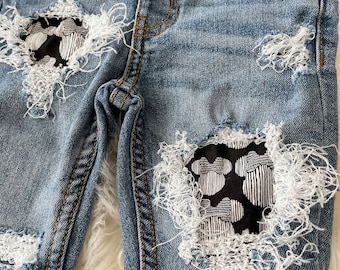 Mousey Patched Skinny Jeans - Themepark  Patch Denim Skinnies - size 6m-5t - baby/toddler girls distressed jeans black mouse patches