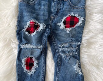 RTS talla 12m Jeans de corte recto parcheados - jeans patch denim a cuadros rojos - jeans desgastados para niños estilo unisex