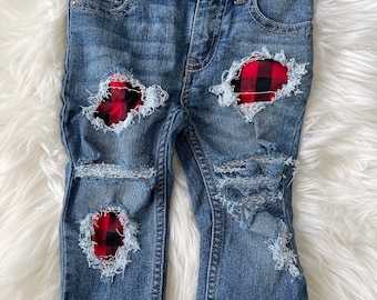 RTS size 12m Patched straight fit Jeans - red plaid  Patch Denim jeans - unisex style kids distressed jeans