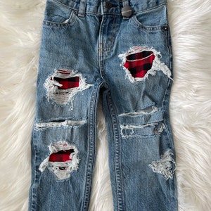 RTS size 18-24m Patched straight fit Jeans - red plaid  Patch Denim jeans - unisex style kids distressed jeans