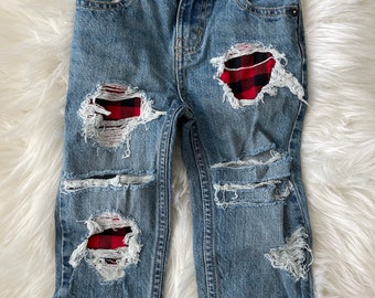 RTS size 18-24m Patched straight fit Jeans - red plaid  Patch Denim jeans - unisex style kids distressed jeans
