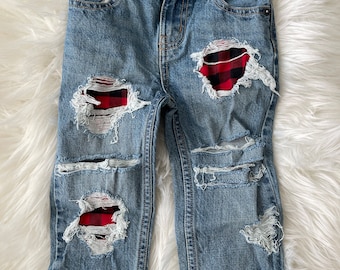 RTS size 18-24m Patched straight fit Jeans - red plaid  Patch Denim jeans - unisex style kids distressed jeans