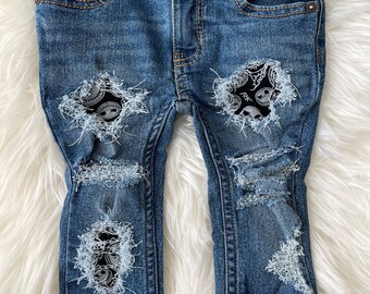 RTS size 12m Patched Skinny Jeans - Jack skellington Patch Denim Skinnies - unisex style kids distressed jeans NBC