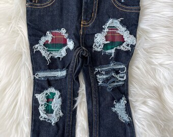 RTS size 9-12m Patched Skinny Jeans - red green plaid  Patch Denim Skinnies - unisex style kids distressed jeans