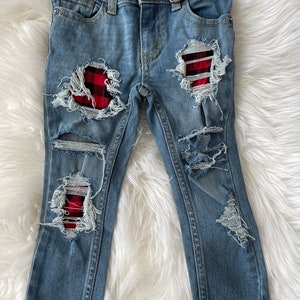 RTS size 3t Patched Skinny Jeans - red plaid  Patch Denim Skinnies - unisex style kids distressed jeans