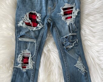 RTS size 3t Patched Skinny Jeans - red plaid  Patch Denim Skinnies - unisex style kids distressed jeans