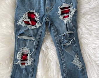 RTS size 3t Patched Skinny Jeans - red plaid  Patch Denim Skinnies - unisex style kids distressed jeans