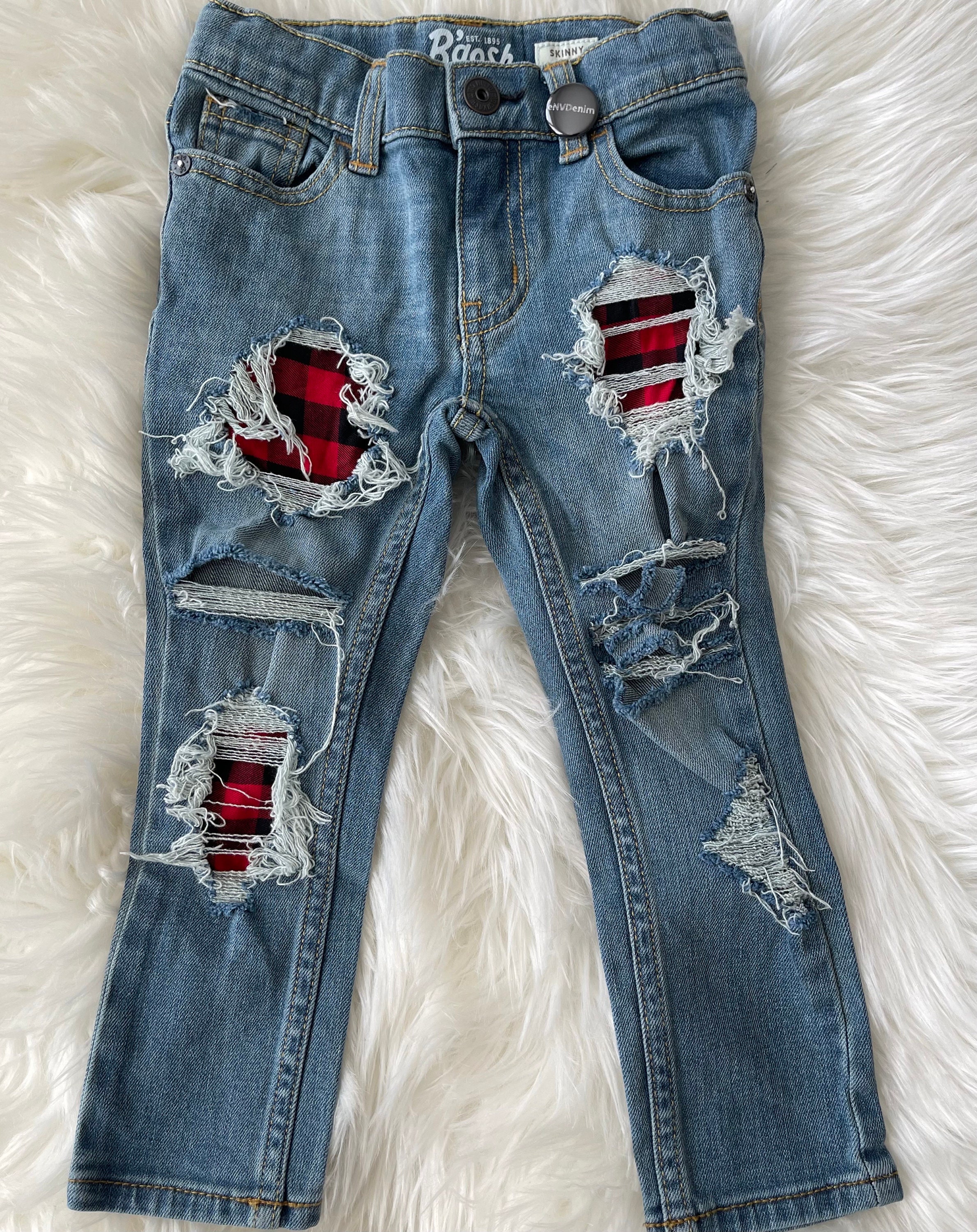 RTS Size 3t Patched Skinny Jeans - Red Plaid Patch Denim Skinnies 