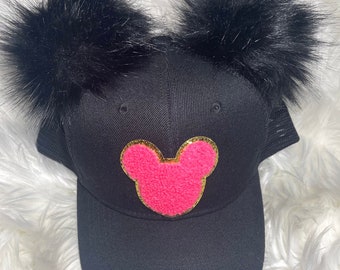 Fluffy Ears (Medium 4” faux fur Pom poms) Mouse Patch Park SnapBack Hat - Unisex Men/Women - Multiple Patch options