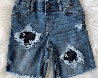 Mick Shorts - Themepark Mouse Patch Denim Shorts - size 6m-5t - baby/toddler boys distressed jean shorts with patches