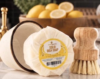 Solid Dish Soap Set | Zero-Waste, Handmade, Citrus Scent, Bamboo Brush, Ceramic Ramekin | Plastic-Free Kitchen
