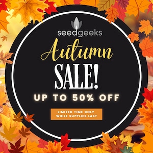 May include: A black circular sign framed by vibrant red, orange, and yellow autumn leaves. The text reads: seedgeeks, Autumn SALE!, UP TO 50% OFF, and LIMITED TIME ONLY WHILE SUPPLIES LAST. The design features a white circular border.