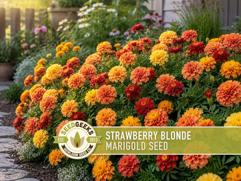 Pode incluir: Um grupo vibrante de flores de cravo-de-defunto em tons de amarelo, laranja e vermelho profundo. Uma etiqueta retangular est&aacute; sobreposta na parte inferior, com o texto SEED GEEKS EST. 2013 HEIRLOOM SEED CO. e STRAWBERRY BLONDE MARIGOLD SEED.