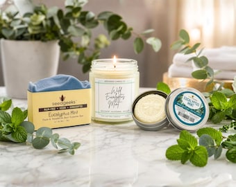 Eucalyptus Spa Gift Set | Candle, Handmade Soap, Lotion Bar Bundle, Relaxation Self Care Gift